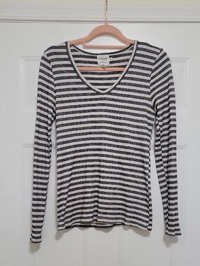 Michael Stars For Anthopology Black and White Striped V-Neck Long Sleeve Tee